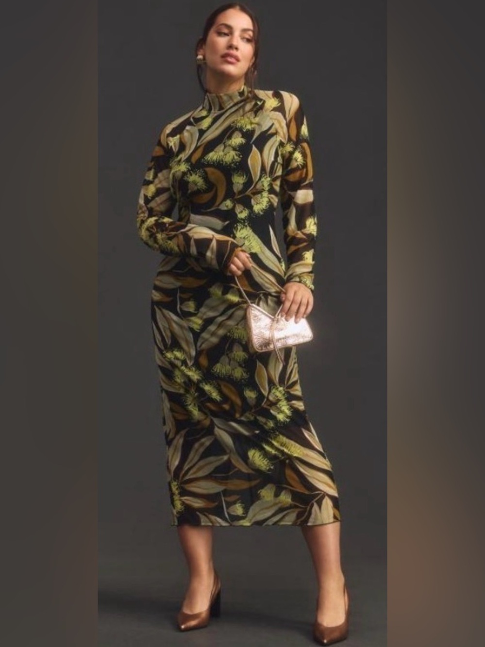 Anthropologie Long Sleeve Mock Neck Floral Printed Slim Midi Dress